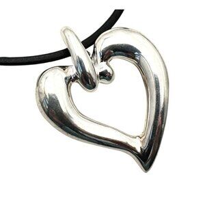 Sterling Silver Puffy Heart Necklace Black Leather Cord 20 Grams